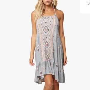 O'Neill Sonoma Halter Dress Ruffle Floral Flounce Hem Backless Gray Womens Large